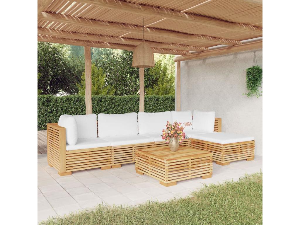 6-piece garden furniture set with cushions. Solid teak wood.