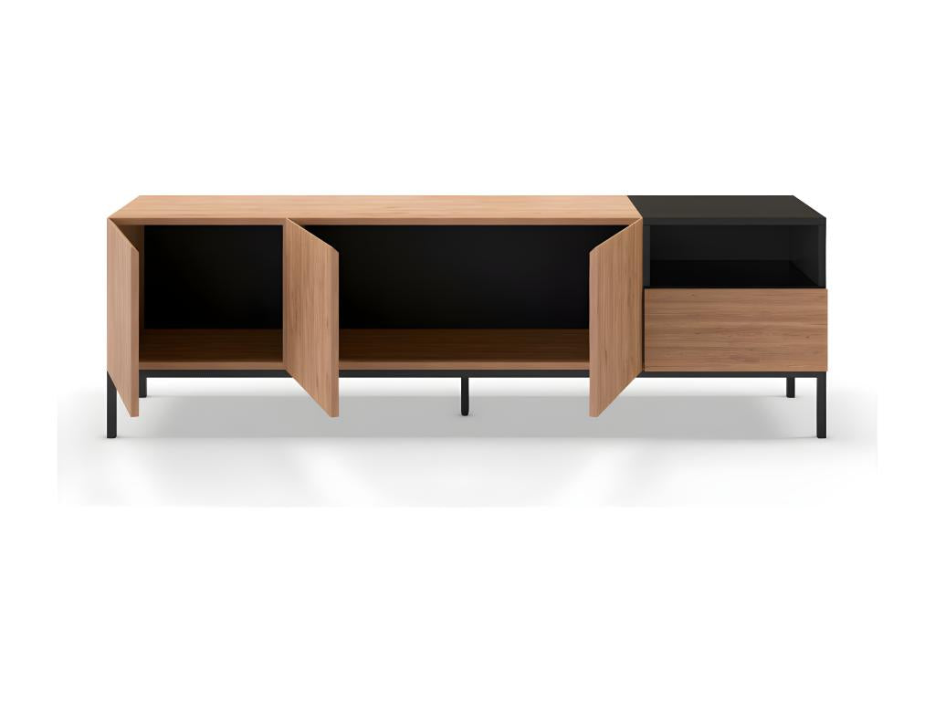 Meubiana - 3-door, 1-drawer TV stand in wood and metal, 180cm wide - Light wood and black