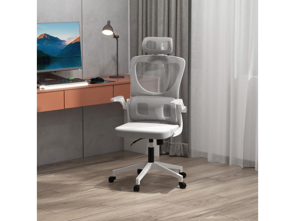 Adjustable ergonomic office chair - tilt function, lumbar support, adjustable headrest - white/grey