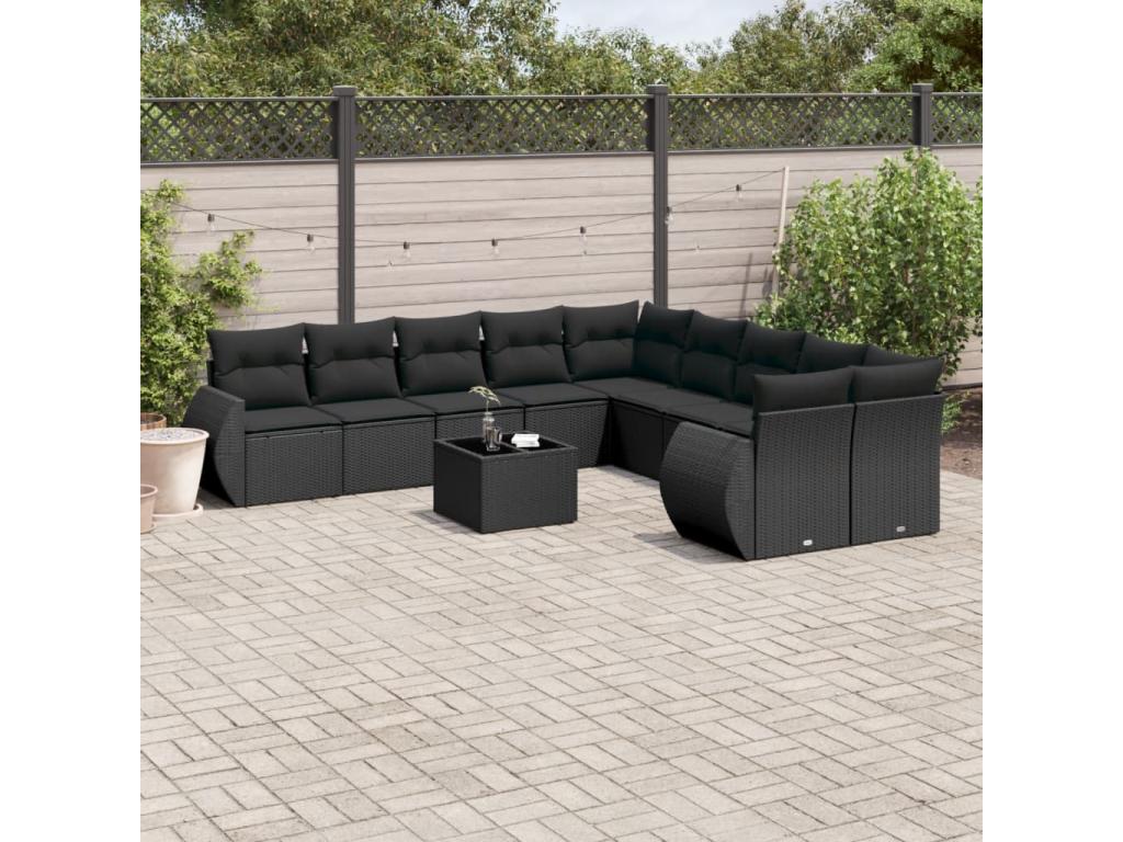 11-piece garden furniture set with cushions, black woven resin