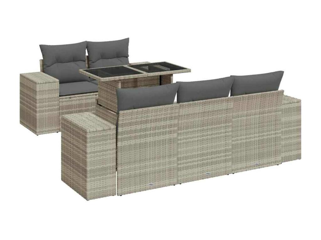 6-piece garden furniture set with light grey cushions, woven resin