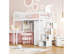 White wooden bunk bed 90x200 with large shelf and storage table, staircase
