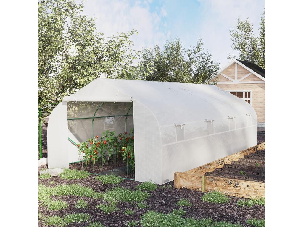 Garden tunnel greenhouse, dimensions: 5.93m L x 3m W x 2m H, with 8 roll-up windows, galvanized steel frame, and high-density PE cover. White