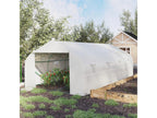 Garden tunnel greenhouse, dimensions: 5.93m L x 3m W x 2m H, with 8 roll-up windows, galvanized steel frame, and high-density PE cover. White