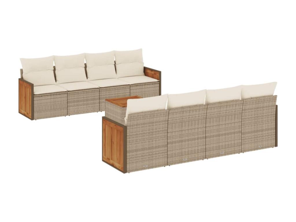 9-piece garden furniture set with cushions, beige woven resin