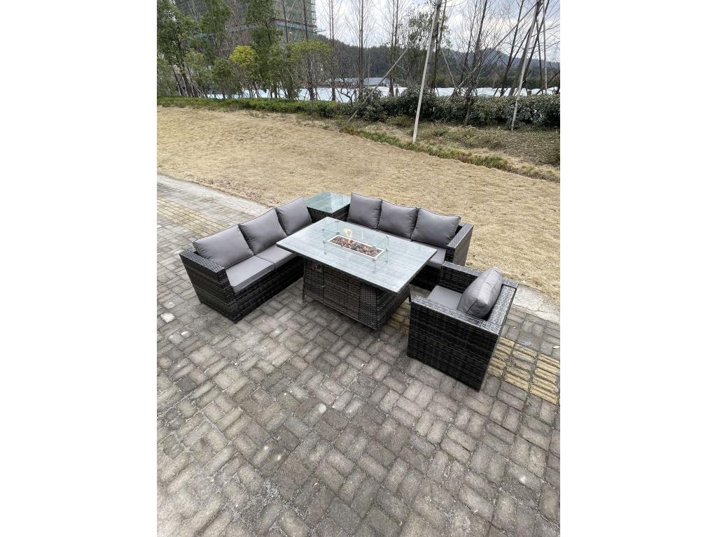 7-Seater PE Rattan Outdoor Garden Furniture Set with Sofa and Height-Adjustable Dining Table, MéMeubiana Dark Grey