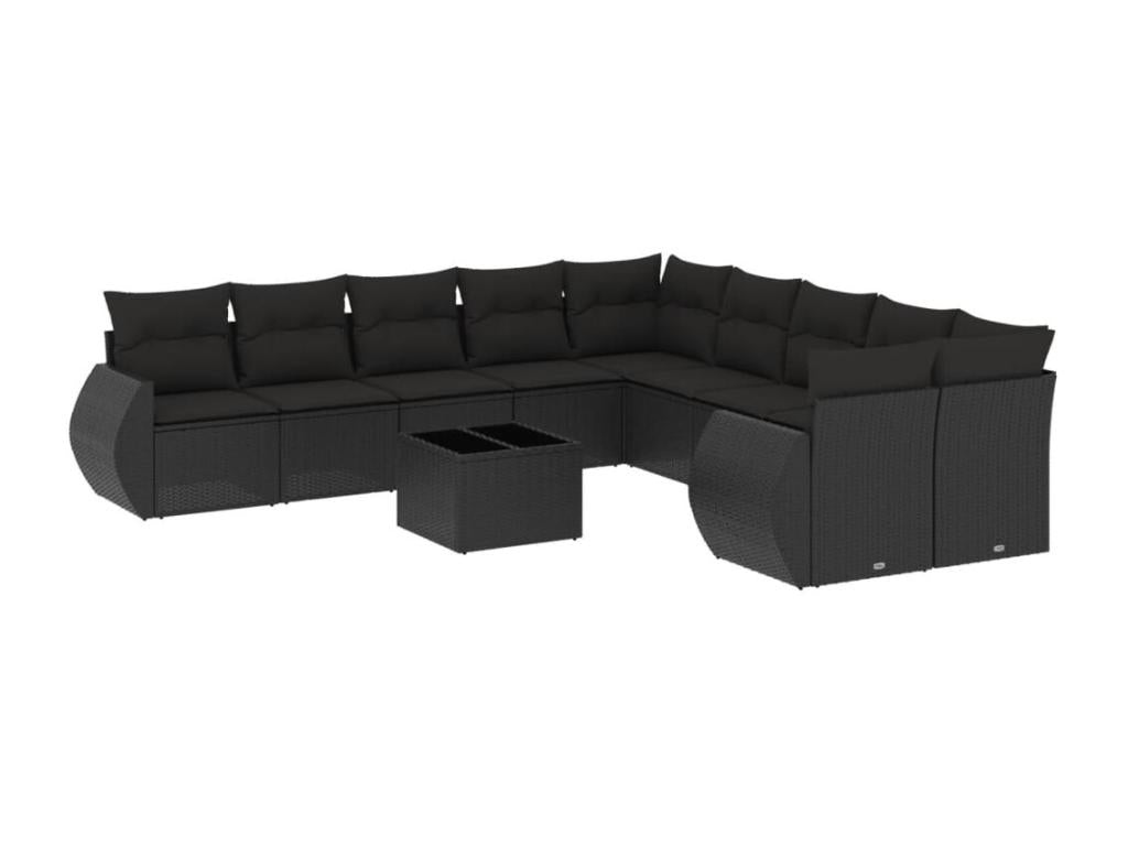 11-piece garden furniture set with cushions, black woven resin