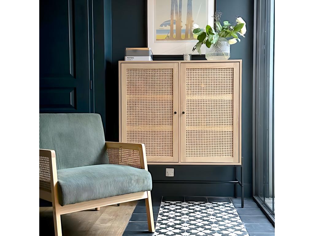 2-door tall sideboard in natural cane and oak effect, 100 cm - Meubiana