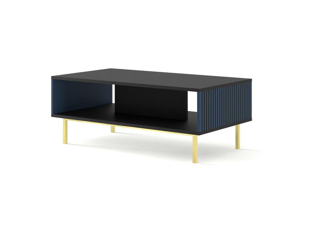 Coffee table with gold legs and milled front, Meubiana - Black/Blue - W 90 x D 60 cm