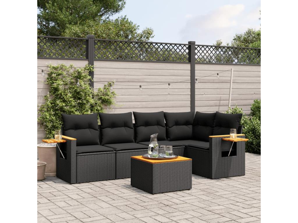 6-piece garden furniture set with cushions, black woven resin