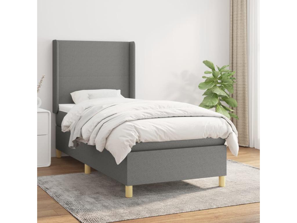 Upholstered bed base with mattress, dark grey, 90x200 cm, fabric