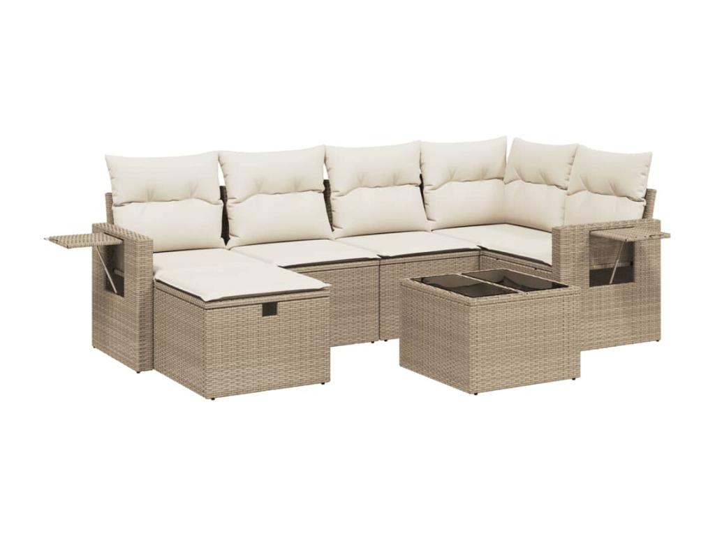 7-piece garden furniture set with cushions, beige woven resin