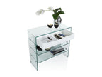 Meubiana console table with 3 shelves, 1 drawer, white and clear glass, 80cm wide
