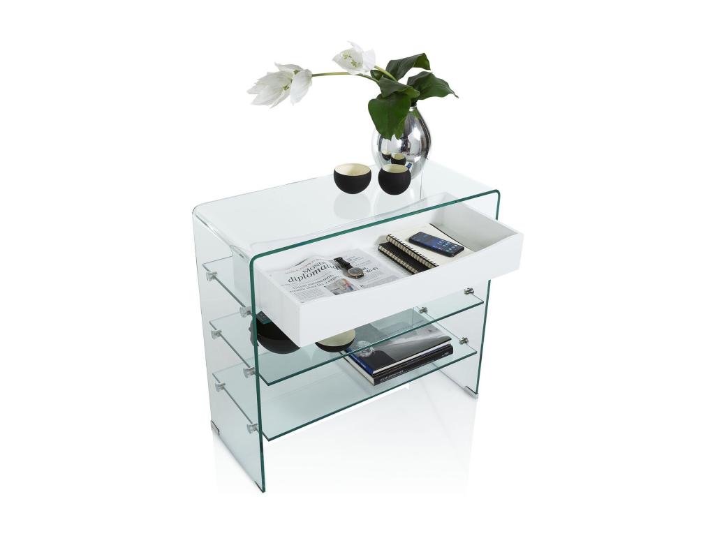 Meubiana console table with 3 shelves, 1 drawer, white and clear glass, 80cm wide