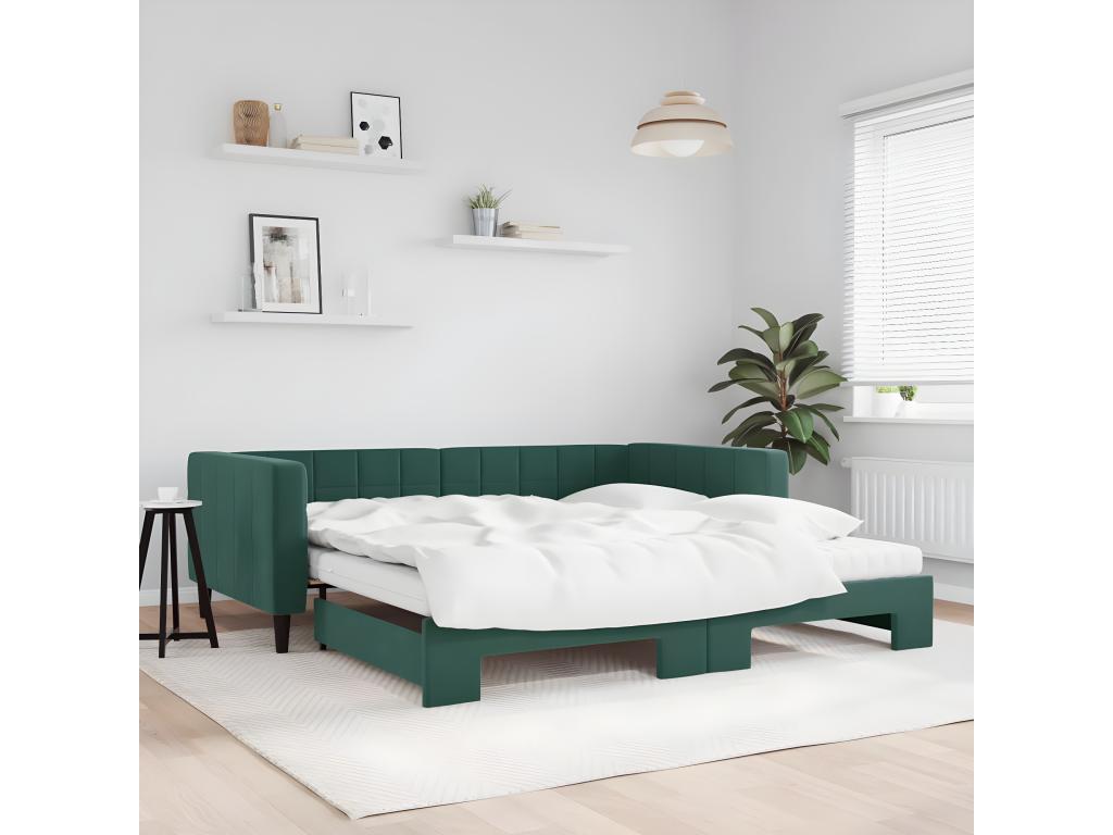 Daybed with pull-out bed and dark green 100x200 cm velvet mattress