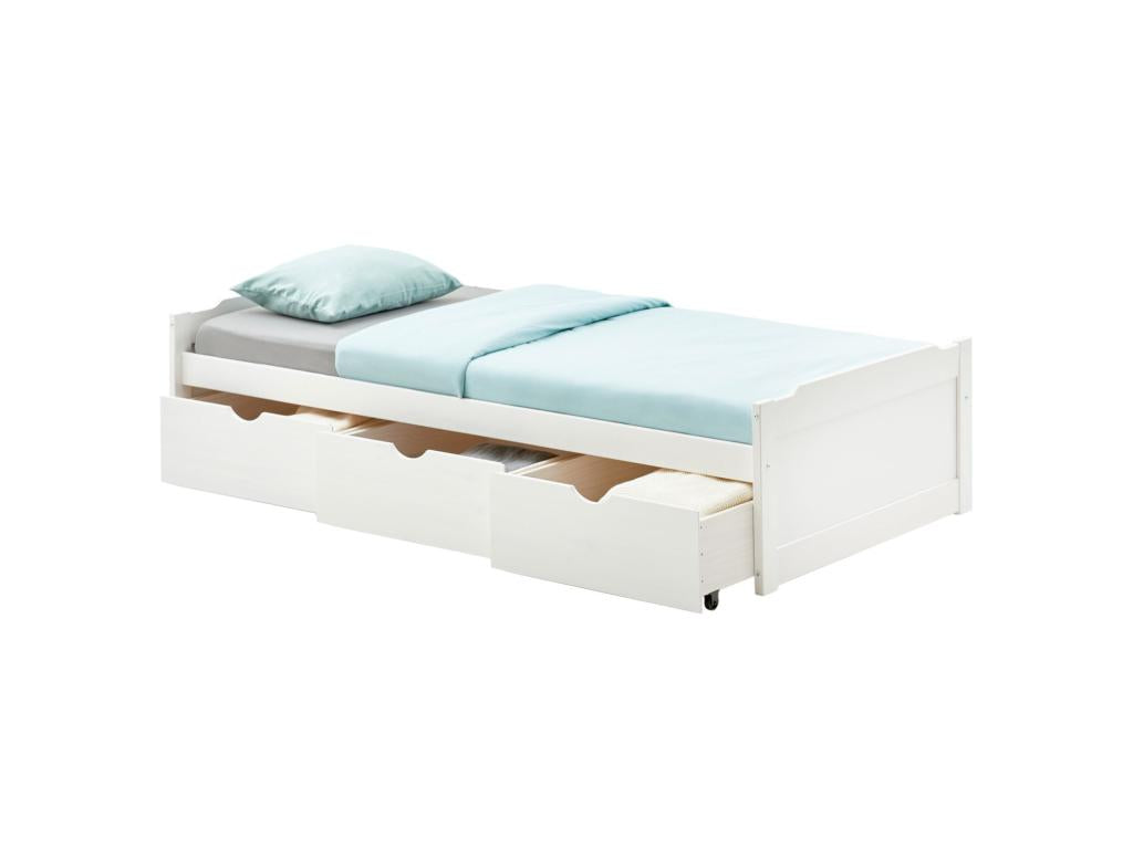 Doucezen functional bed with 3 drawers for storage, 90x190 cm, made of solid white-stained pine