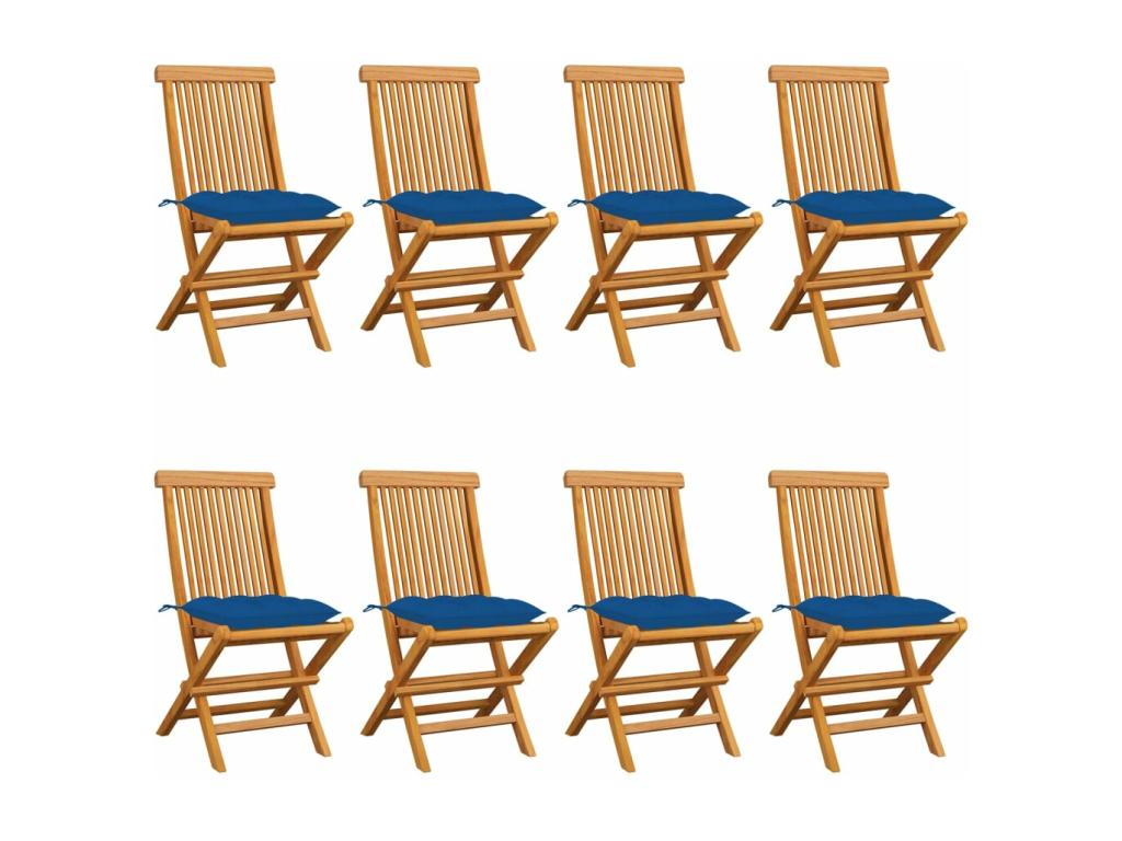 8-piece garden chair set with blue cushions, solid teak wood