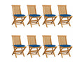 8-piece garden chair set with blue cushions, solid teak wood