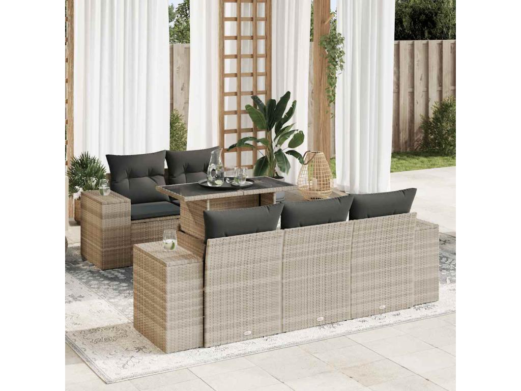 6-piece garden furniture set with light grey cushions, woven resin