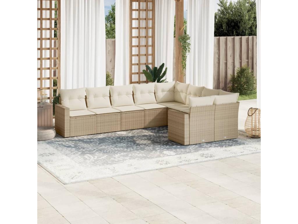 9-piece garden furniture set with cushions, beige woven resin