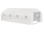 Garden tunnel greenhouse, dimensions: 5.93m L x 3m W x 2m H, with 8 roll-up windows, galvanized steel frame, and high-density PE cover. White