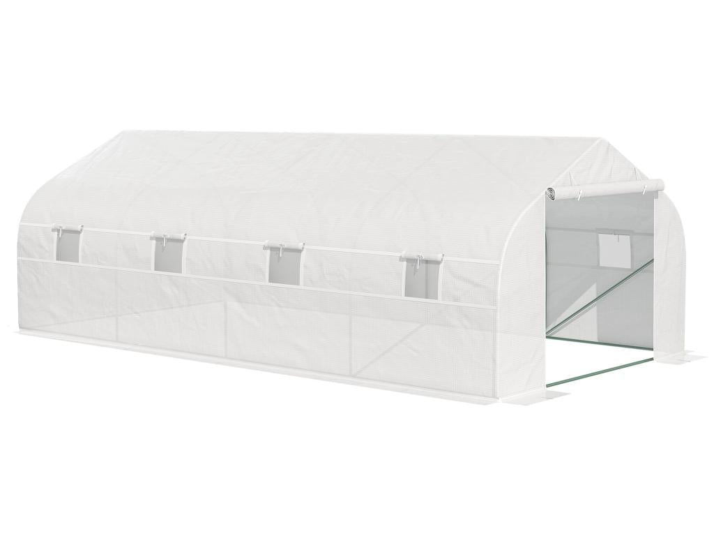 Garden tunnel greenhouse, dimensions: 5.93m L x 3m W x 2m H, with 8 roll-up windows, galvanized steel frame, and high-density PE cover. White