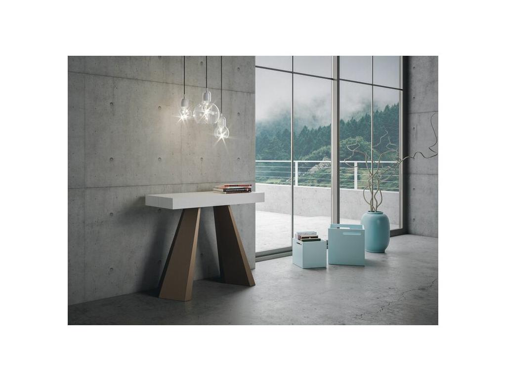 Meubiana extendable console table in wood and brown steel, 90x40-196 or 90x40-300, white, with 3 thick extensions