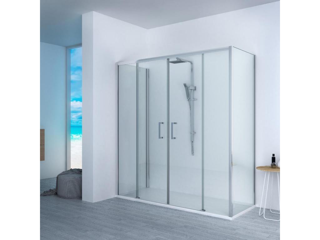 95x180 cm shower tray, Meubiana Extra Slim White line. 95x180 cm shower enclosure with a fixed glass panel and a central opening with 4 glass panels.