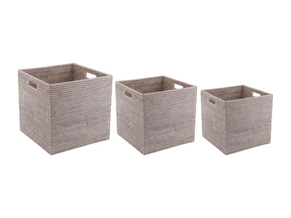 Set of 3 storage boxes in patinated grey rattan