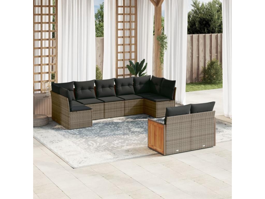 9-piece garden furniture set with grey resin wicker cushions