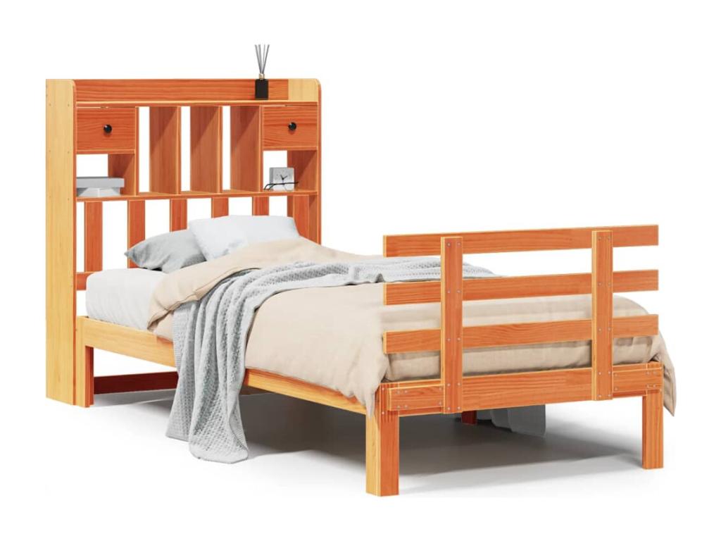 Bookcase bed without brown wax mattress 75x190 cm solid pine