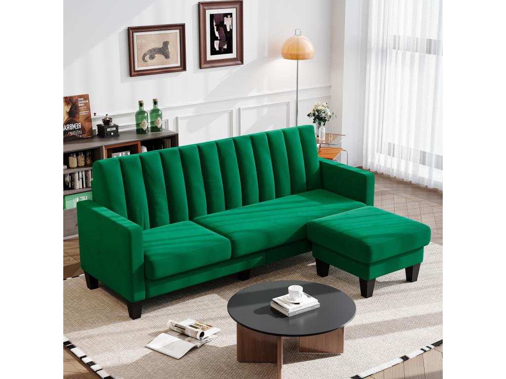 Corner sofa 210 CM, reversible corner armchair, convertible, 3-4 seater, green vertical striped velvet fabric