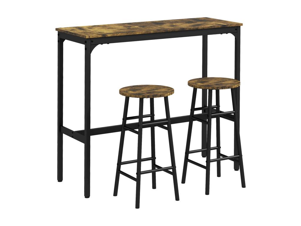 Contemporary 3-piece 2-seater set - bar table and 2 bar stools - black steel with aged wood effect