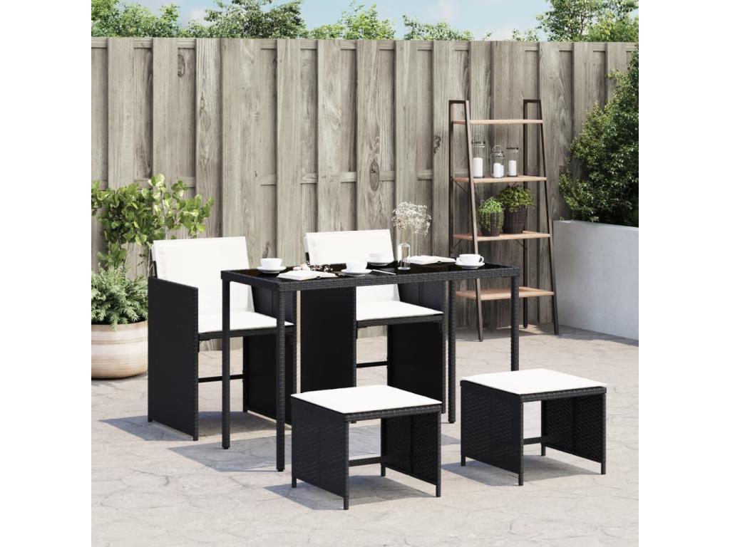 5-piece garden dining set with cushions, black woven resin