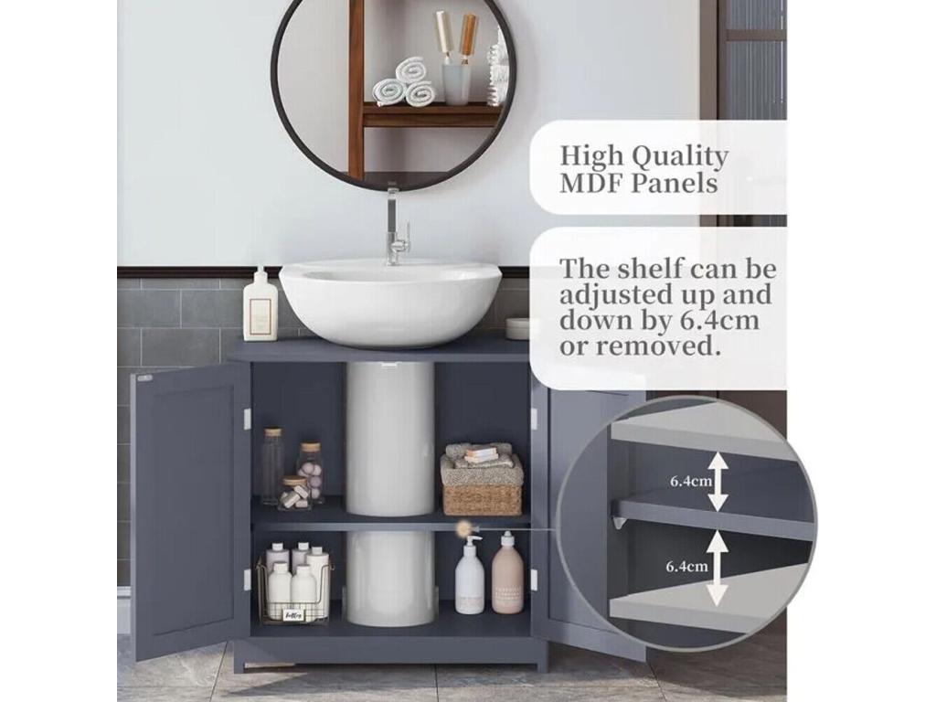 Bathroom sink cabinet with 2 doors and open compartment, adjustable shelf, under-sink cabinet, 60x30x60cm, Grey
