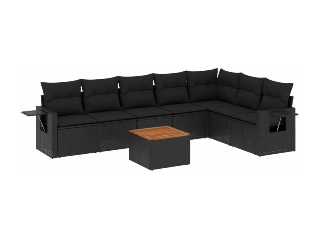 8-piece garden furniture set with cushions, black woven resin