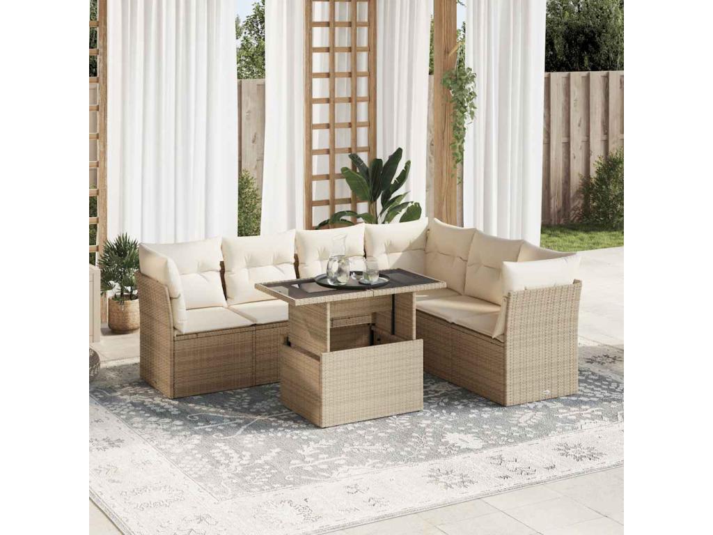 7-piece garden furniture set with cushions, beige woven resin