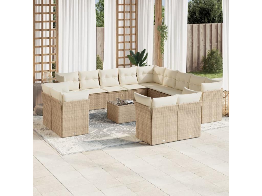Garden furniture set with cushions, 14 pieces, beige woven resin