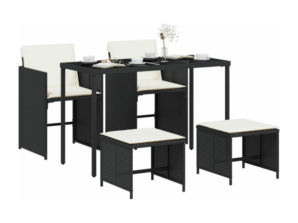 5-piece garden dining set with cushions, black woven resin