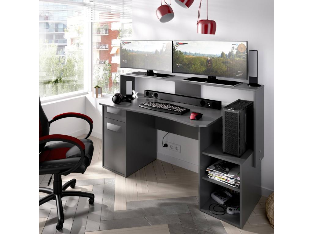 Meubiana Modern Multifunctional Gaming Desk, Study Table for PC and CD Holder, 154x69x98 cm, Anthracite, without LED lights