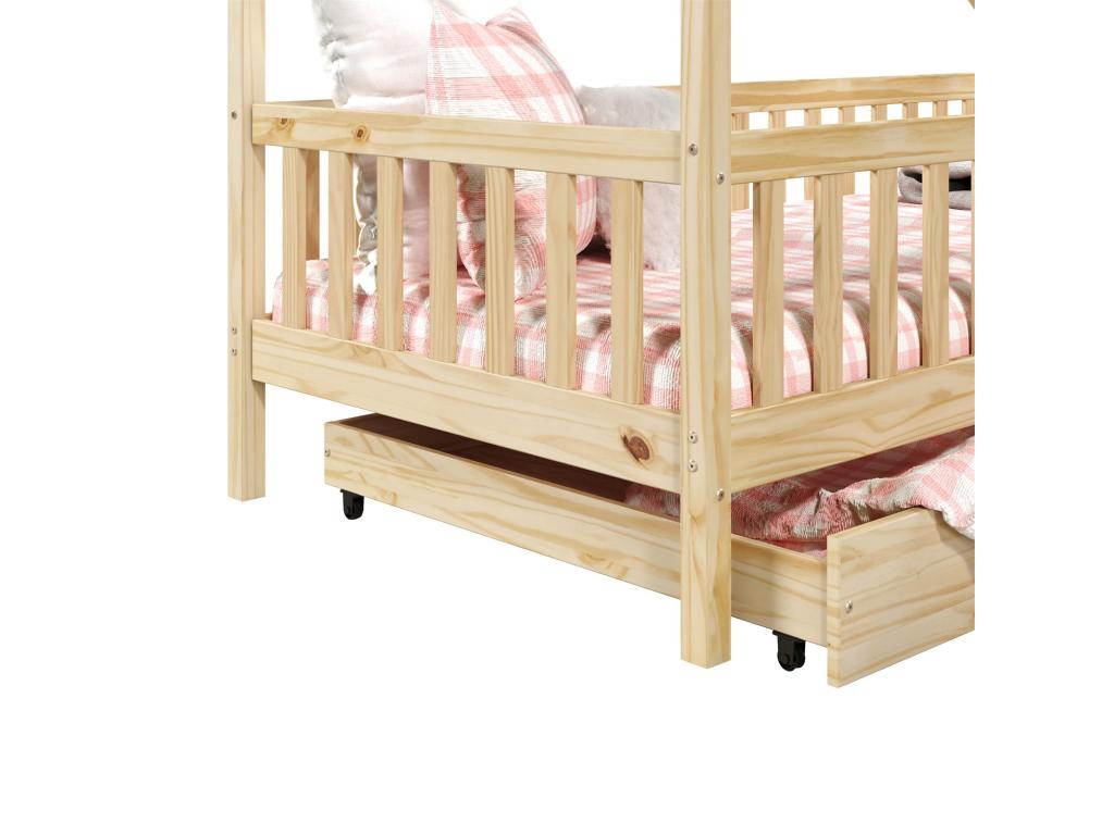 Meubiana Cabin Bed, Single Asymmetrical Wooden Children's Bed 90x200 cm Montessori Style with Storage and 2 Drawers in Natural Solid Pine