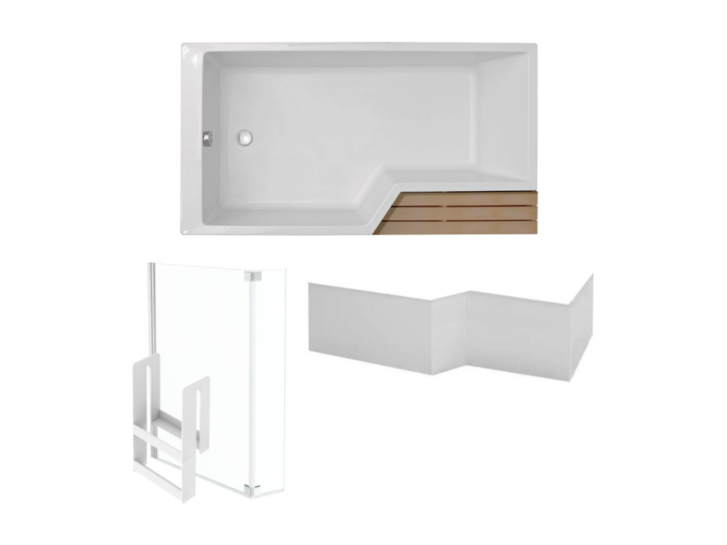 Meubiana Neo 160x90cm Non-Slip Bath/Shower Pack in Matte White - Left-Hand View with Chrome Bath Screen and Apron