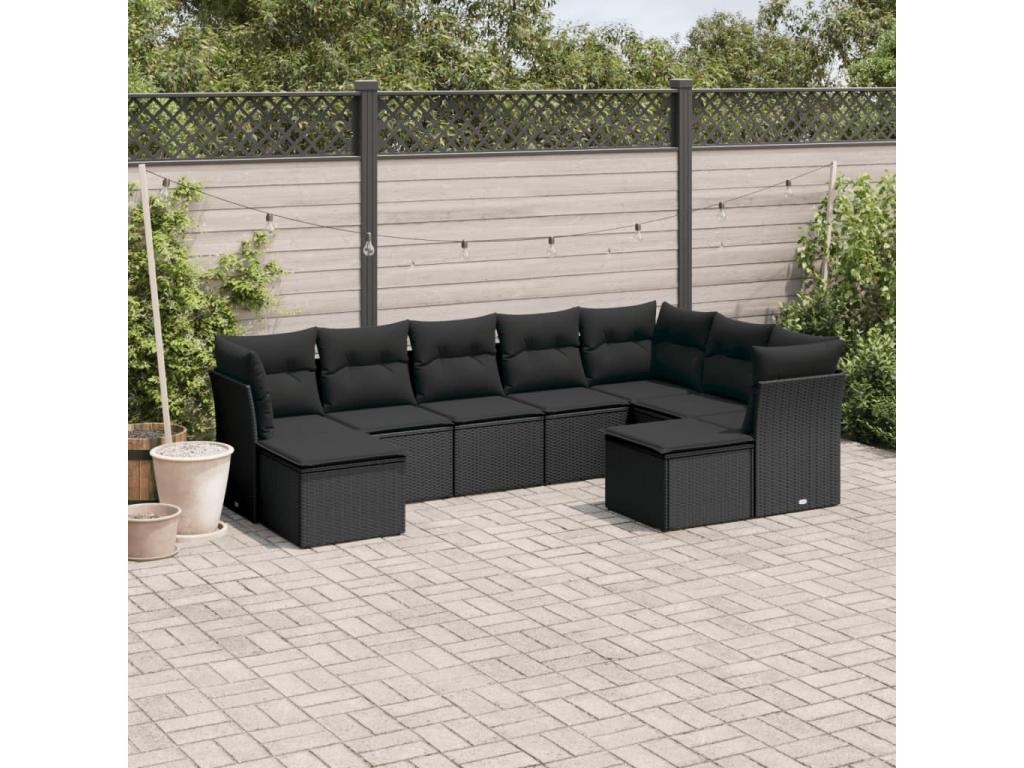 9-piece garden furniture set with cushions, black woven resin