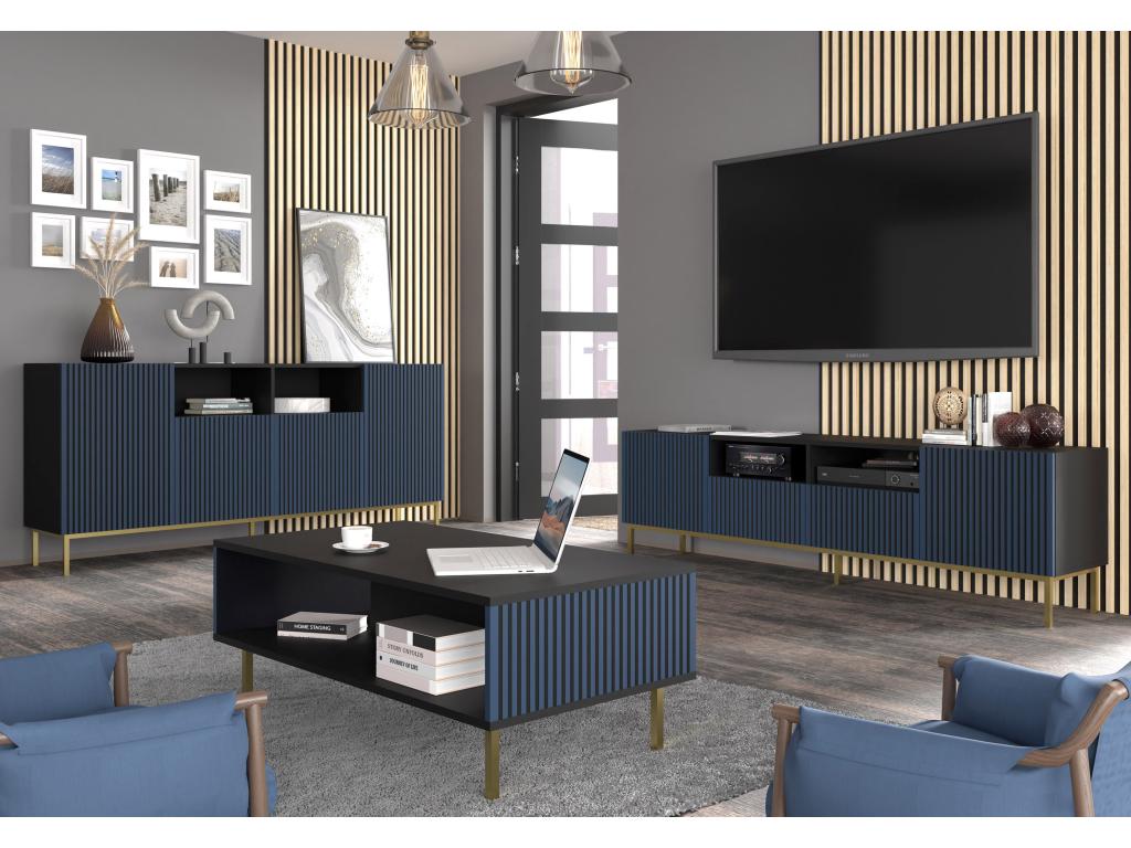 Coffee table with gold legs and milled front, Meubiana - Black/Blue - W 90 x D 60 cm