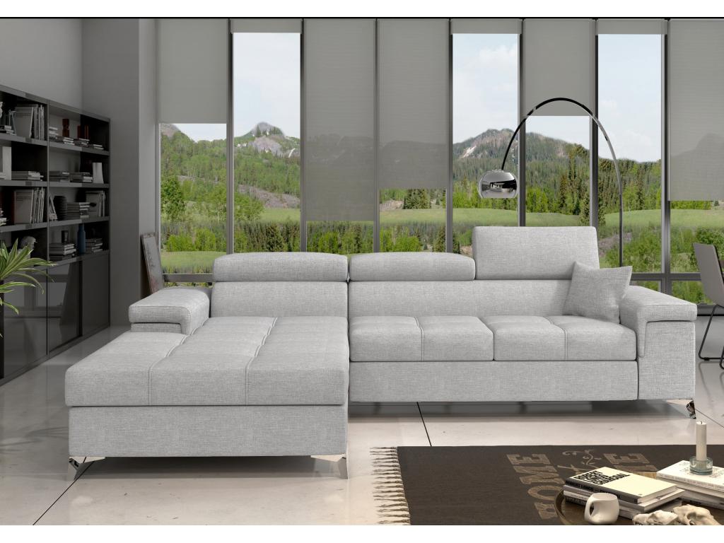 Meubiana 280cm Left-Hand Corner Sofa Bed in Light Grey Fabric with Adjustable Headrests