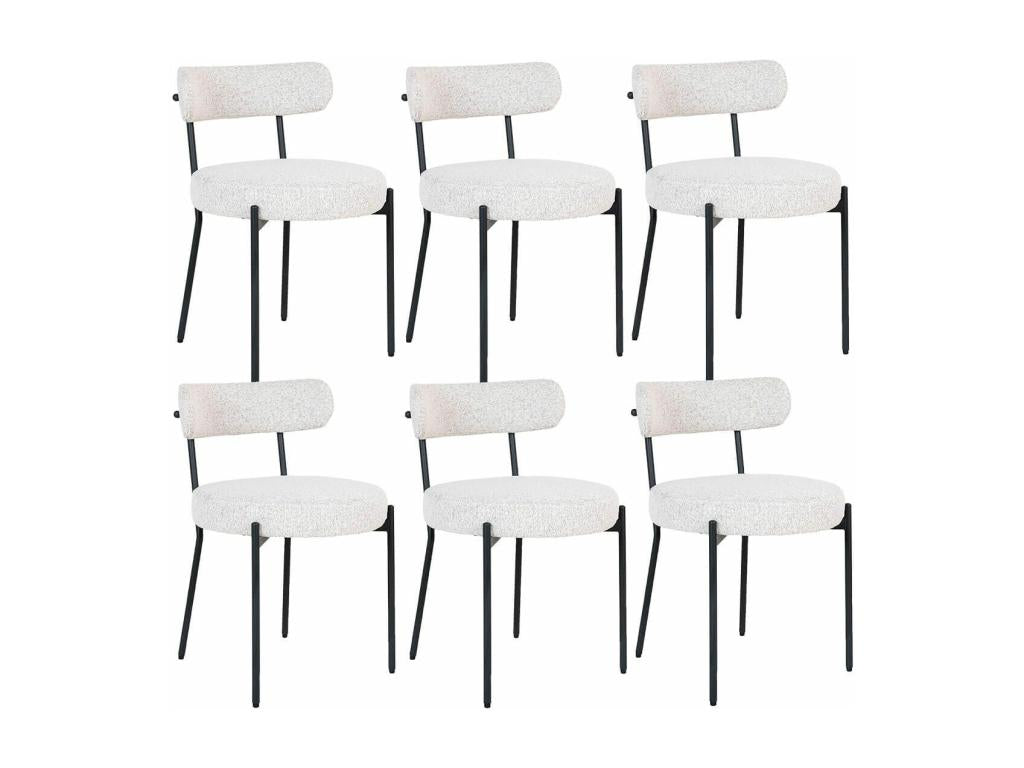 Meubiana - Set of 6 Chairs in White Mottled Bouclé Fabric with Black Metal Backrest and Legs