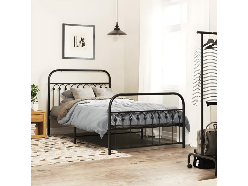 Black metal bed frame with headboard/footboard, 107x203 cm
