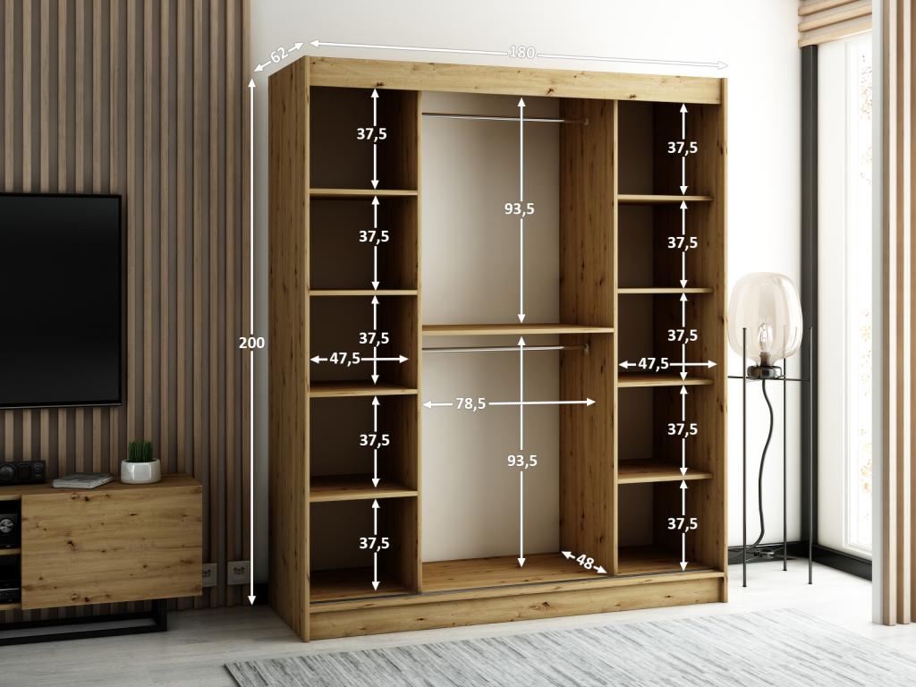 Meubiana 2 Sliding Door Wardrobe 200/180/62 2 Doors Meubiana/Black/Meubiana