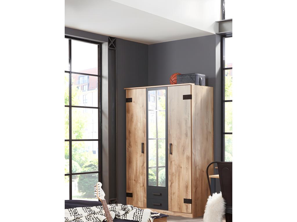 Wardrobe in imitation oak beam with graphite trim - W 135 x H 198 x D 58 cm