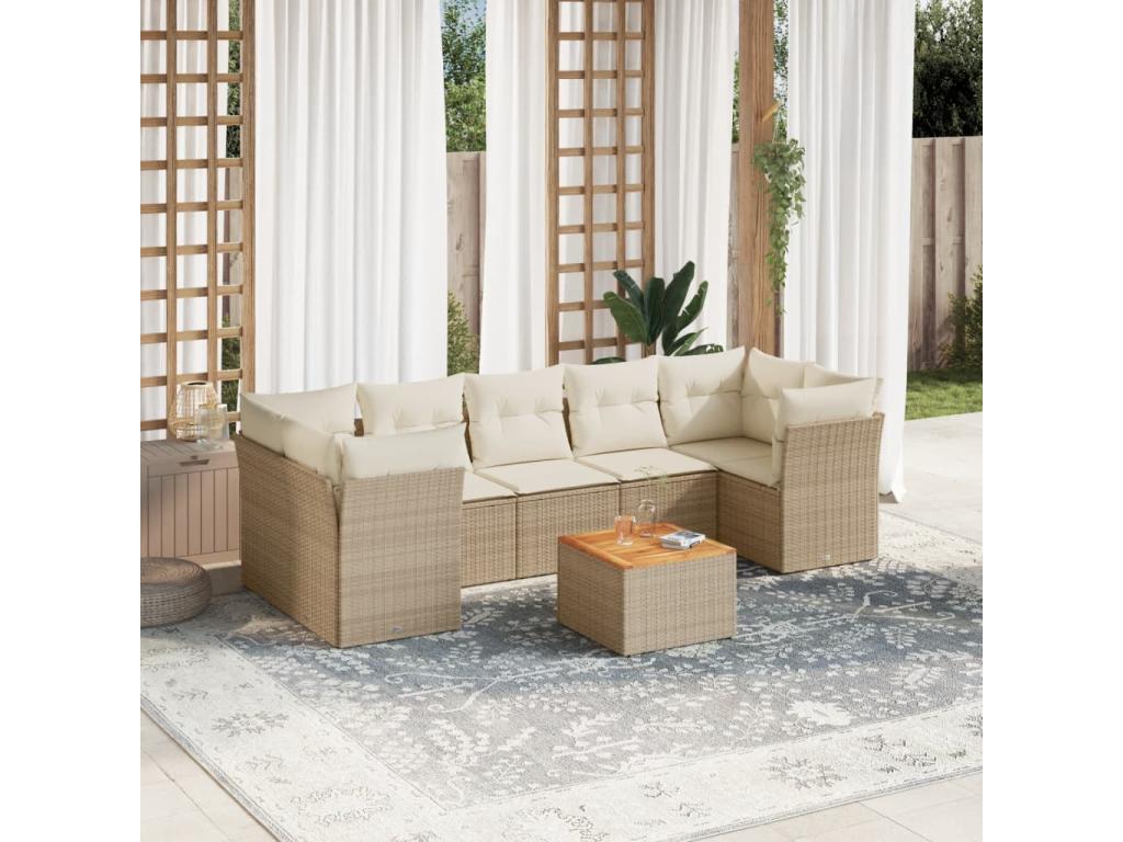 8-piece garden furniture set with cushions, beige woven resin